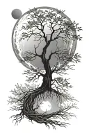 moon and willow tree branches reaching towards tattoo design idea
