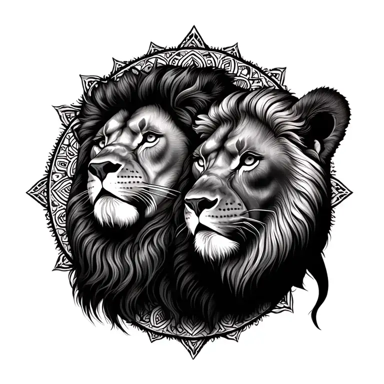 The head of a majectic male lion, standing above a lioness, both vertically aligned, with a mandala background tattoo design idea