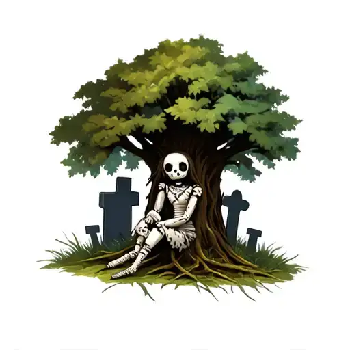 very Hateful Voodoo doll sitting by a tree in a graveyard  tattoo design idea