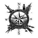 compass, text saying "Tempus Fugit Memento Mori", lighthouse, oceans, sunset tattoo design idea