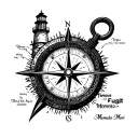 compass, text saying "Tempus Fugit Memento Mori", lighthouse, oceans, sunset tattoo design idea
