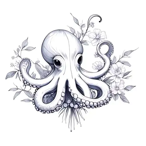octopus and flower bouquet tattoo design idea