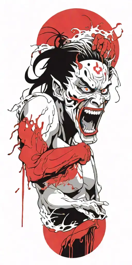 Anime character standing screaming wearing oni mask fighting off inner demons drowning tattoo design idea