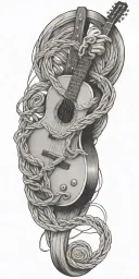 A guitar intertwined with a lasso, symbolizing the client's love for music and rodeo tattoo design idea