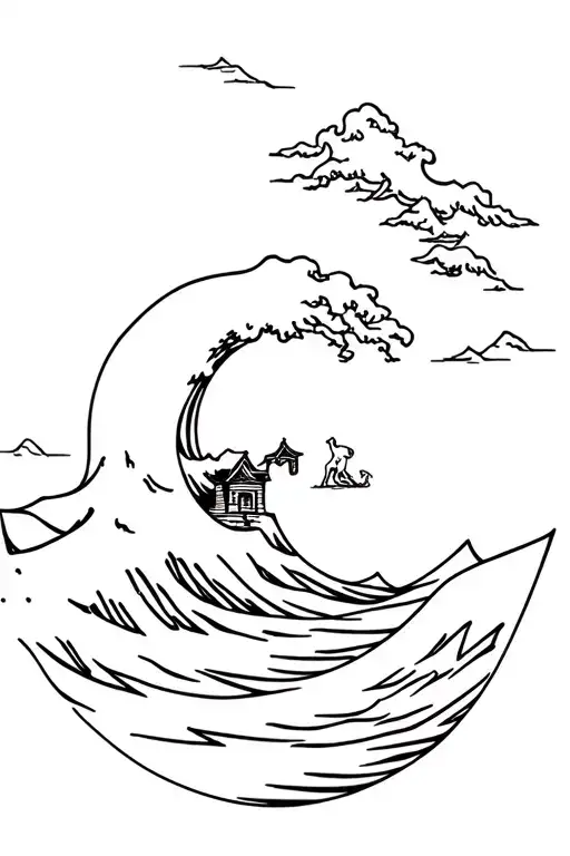 Can you make me a tattoo with a Japanese great wave and a lotr hobbit house with a golden retriever all as a triba tattoo design idea