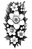 Daffodil, lily of the valley and hawthorn, Chrysanthemum, and marigold  tattoo design idea