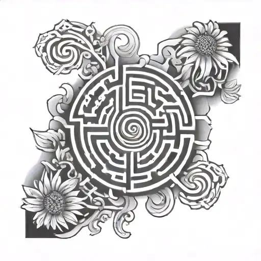 labyrinthe maze surrounded with daisy flower comming from de smoke of a cigarette tattoo design idea