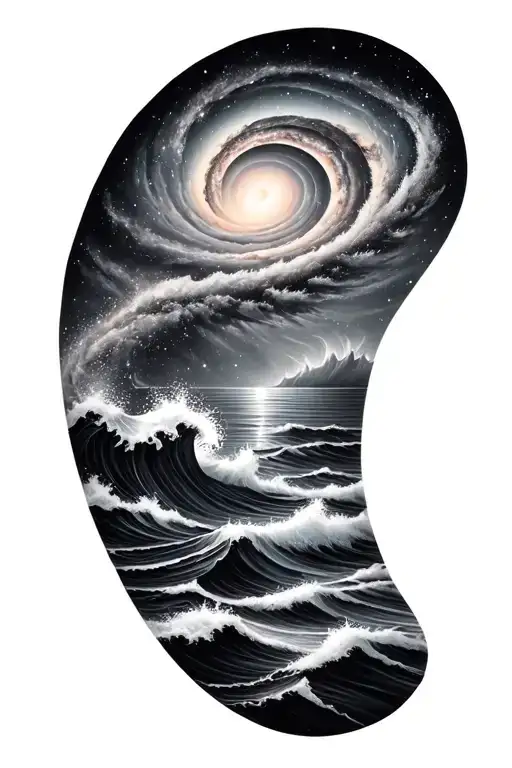 Black and grey sleeve: spiral galaxy above ocean waves, smooth transition, elegant and dark realism. tattoo design idea
