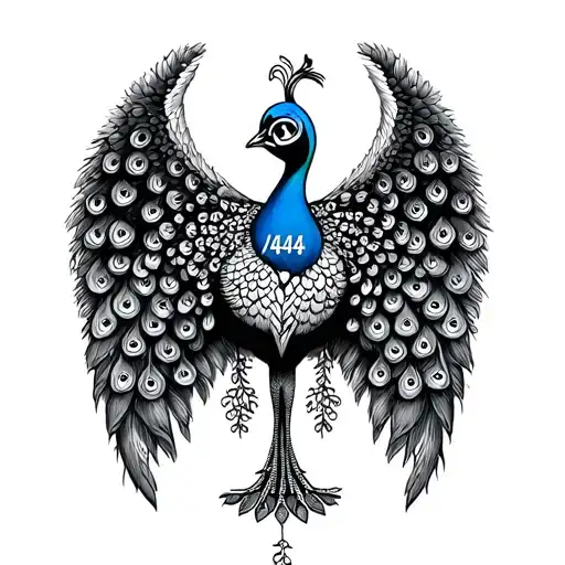 no colour small feminine fineline outline of peacock with the 444 angel number tattoo design idea