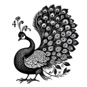 no colour small feminine fineline outline of peacock with the 444 angel number tattoo design idea