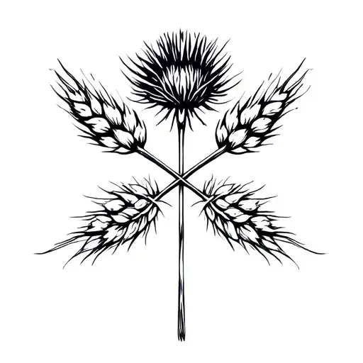 Thistle with two crossed wheat tattoo design idea
