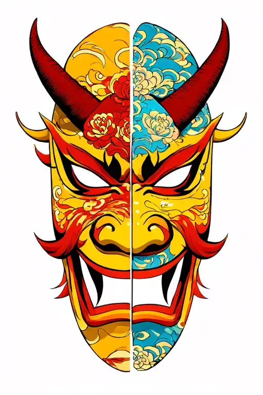 half oni mask split in half tattoo design idea