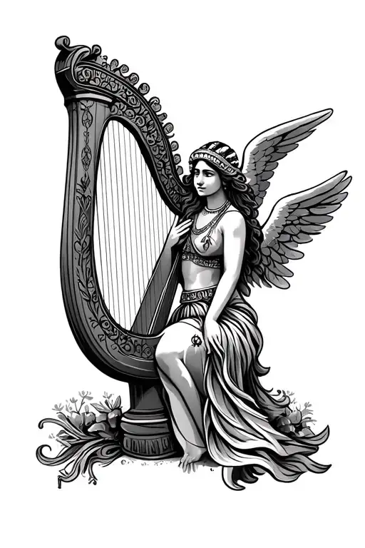 Indian and irish harp with angel tattoo design idea