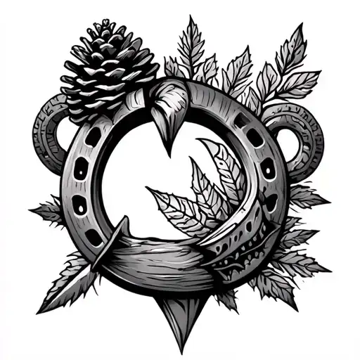pinecone, a latern, , a horseshoe, a shark tooth, an arrowhead tattoo design idea