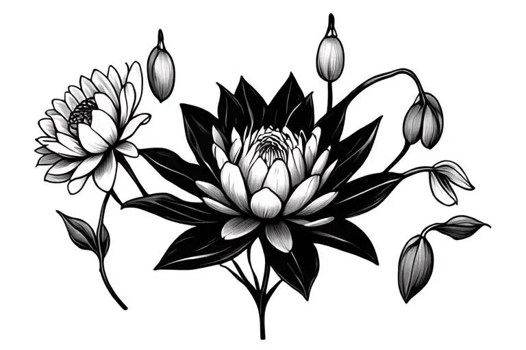 Water lily, snowdrop, honeysuckle, peony, chrysanthemum tattoo design idea