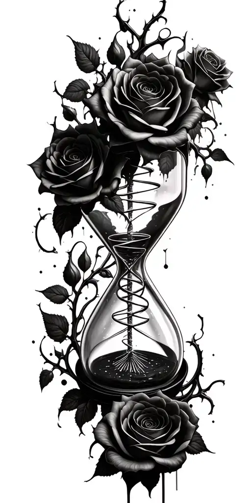an hourglass into which fragmented DNA flows. all around the hourglass are roses with thorns tattoo design idea