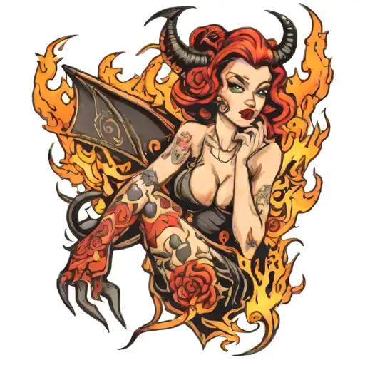modern pinup girl devil and flames tattoo design idea