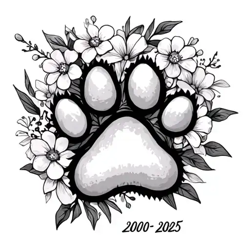Cat paw print and flowers written 2010-2025 written in artistic way tattoo design idea