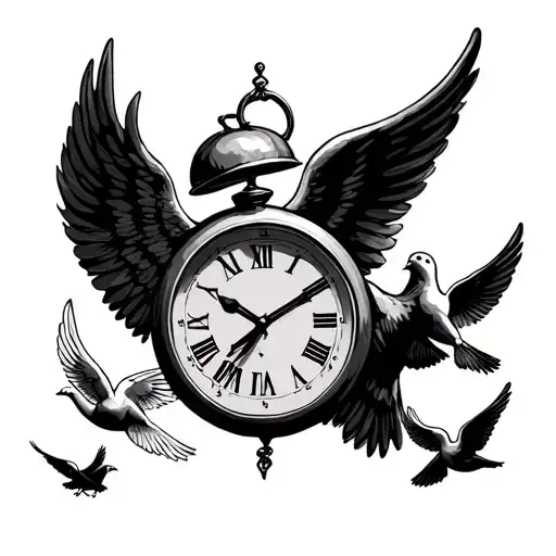 Time clock with angel wings and doves flying tattoo design idea