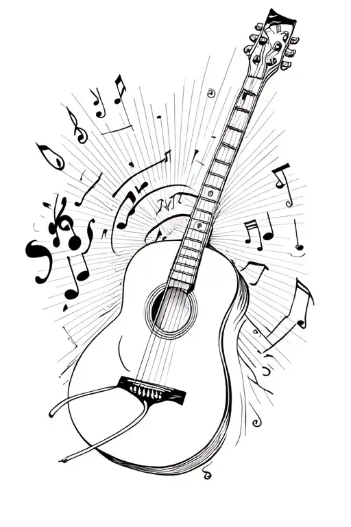 concept tattoo with music and acoustic guitar as the central piece, include "STS" in there  tattoo design idea
