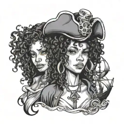 Black female pirates with curly hair tattoo design idea