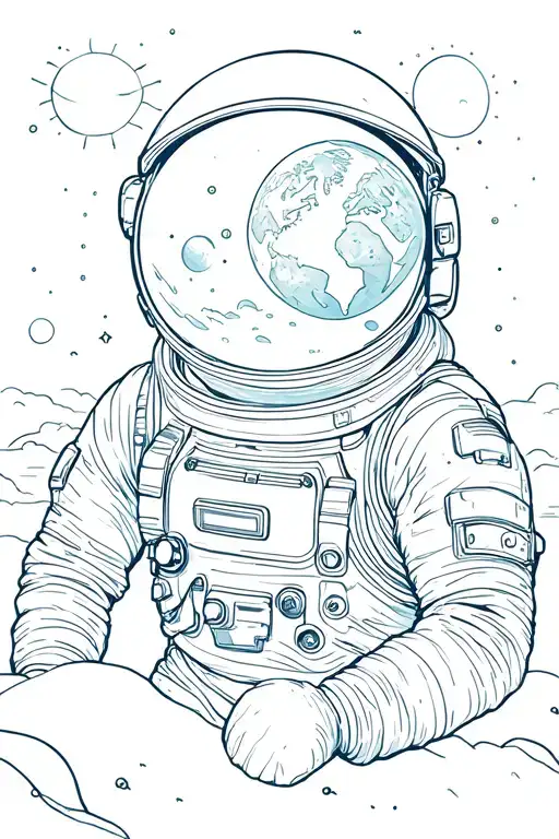 astronaut with helmet reflecting earth with 2 suns behind him in galaxy tattoo design idea