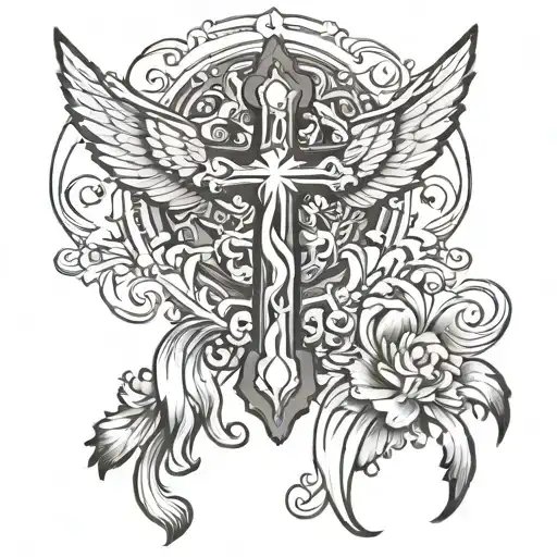 cross with angel wings spread wide tattoo design idea