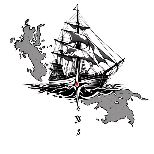 vintage nautical map with ship sailing through stormy with compass tattoo design idea