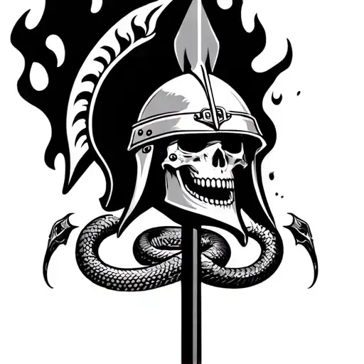 skull on fire wearing spartan helmet with an arrow going top to bottom, with two snakes symmetriacally wrapped around it tattoo design idea