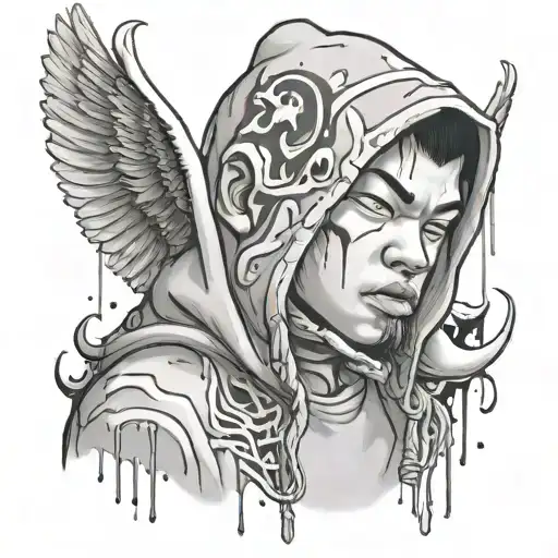 Asian chubby angel boy with bape hoodie, venom drips tattoo design idea