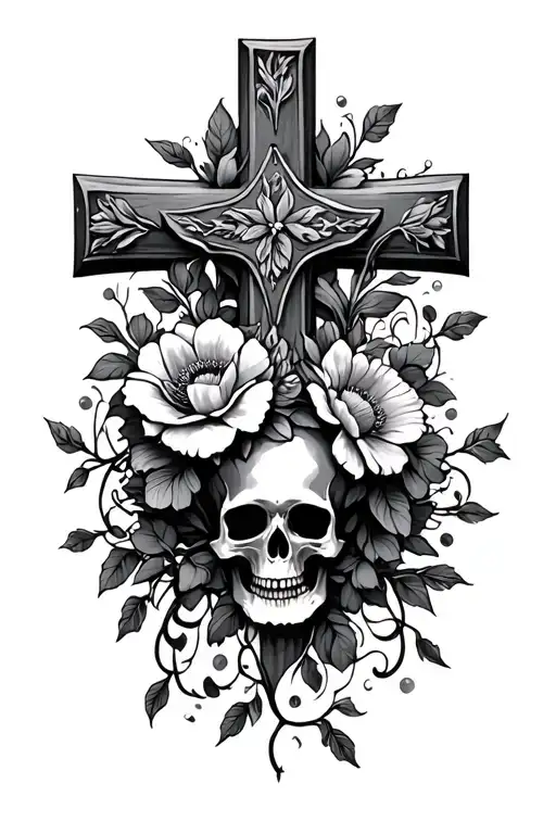 cross with flowers and vines and a skull surrounded tattoo design idea