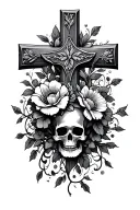 cross with flowers and vines and a skull surrounded tattoo design idea