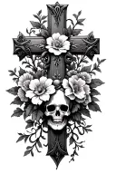 cross with flowers and vines and a skull surrounded tattoo design idea