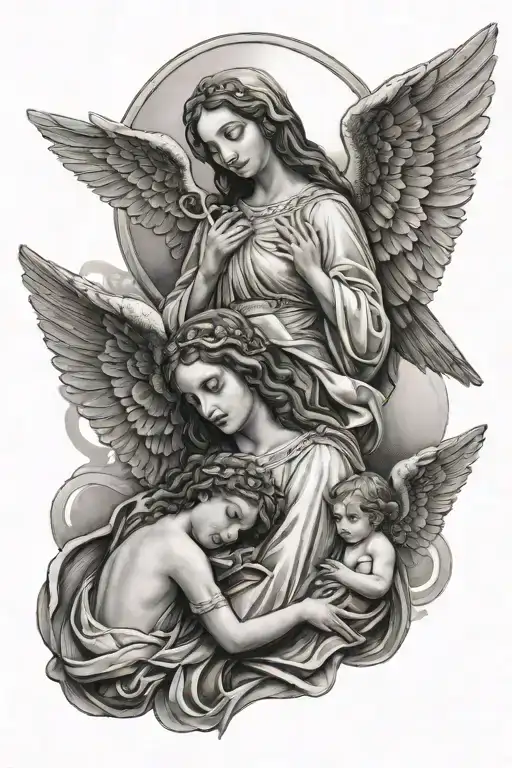 mary watching over 2 angels tattoo design idea