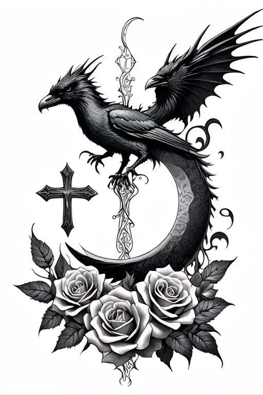 dragons, crows, roses, crescent moon, cross tattoo design idea