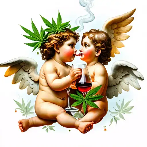 cherubs smoking marijuana and drinking wine tattoo design idea