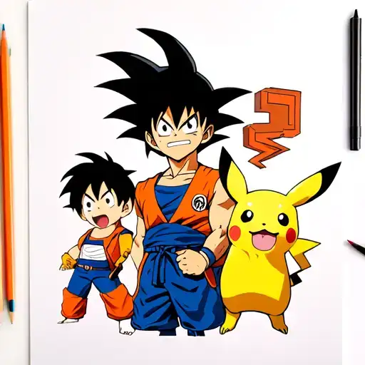 Tattoo de goku, luffy, oliver atom, picachu y doraemon tomandose una photo tattoo design idea
