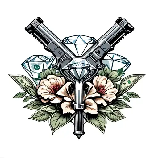 Design, a full entire tattoo, sleeve outline of Seattle, guns, money, diamonds, flowers, and graffiti tattoo design idea