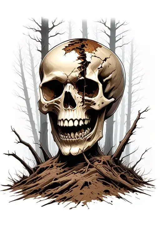 forest background with half buried skull with mouth open and jaw broken facing slightly to the right in foreground  tattoo design idea