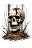 forest background with half buried skull with mouth open and jaw broken facing slightly to the right in foreground  tattoo design idea