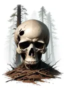 forest background with half buried skull with mouth open and jaw broken facing slightly to the right in foreground  tattoo design idea