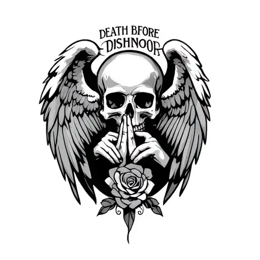 fallen angel with wings surrounding skull head and praying hands with rosarie.... and the saying death before dishonor  tattoo design idea