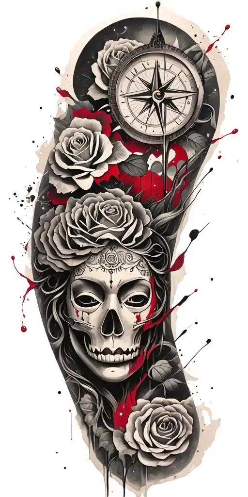 roses, Japanese death mask, compass, mythology tattoo tattoo design idea