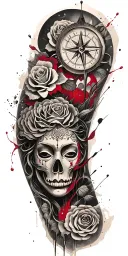 roses, Japanese death mask, compass, mythology tattoo tattoo design idea