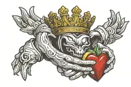 Claddagh ring with the hands holding a red gemstone heart wearing a cool crown tattoo design idea