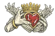 Claddagh ring with the hands holding a red gemstone heart wearing a cool crown tattoo design idea