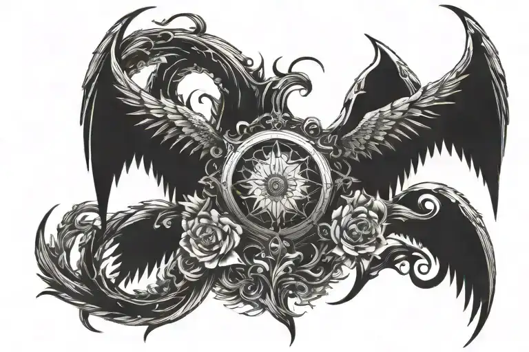 Half evil Devil wings with half arc angle wings spread wide tattoo design idea