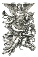 two Guardian Angels holding trumpets tattoo design idea