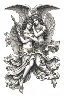two Guardian Angels holding trumpets tattoo design idea