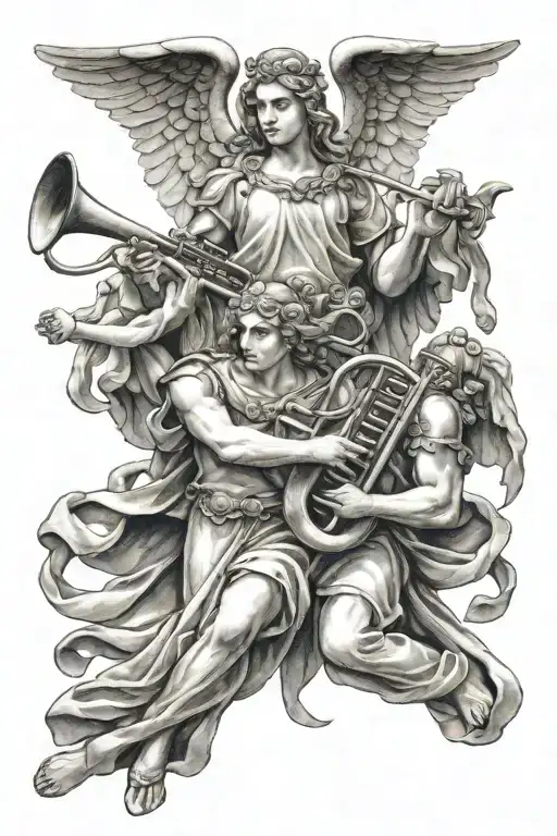 two Guardian Angels holding trumpets tattoo design idea